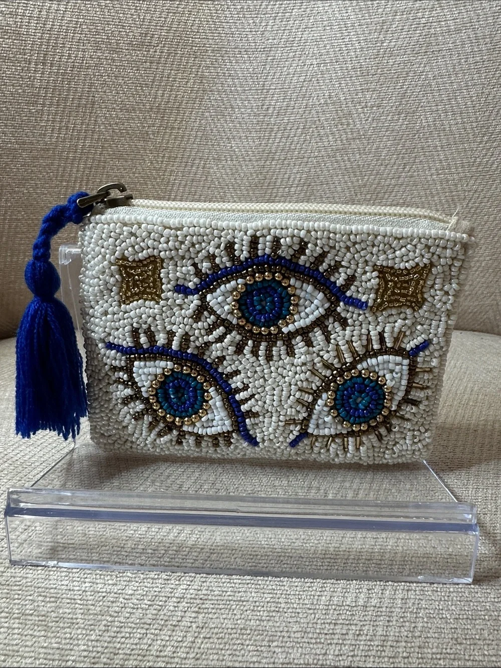Beaded Evil Eye Coin Purse with Blue Tassel
